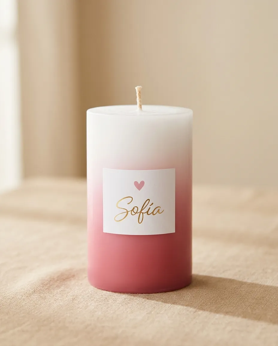 Vela con degradado rosa y etiqueta con el nombre Sofía